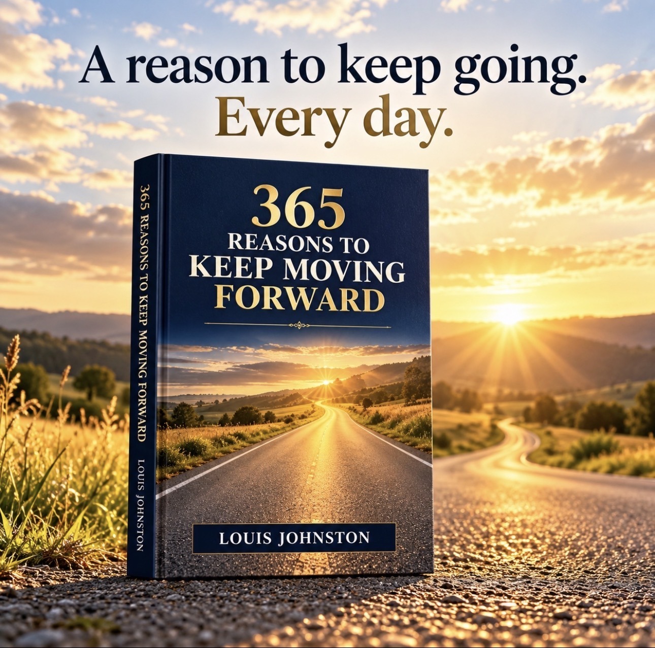 365 Reasons to Keep Moving Forward, beside a bright sunrise and the message A reason to keep going. Every day.