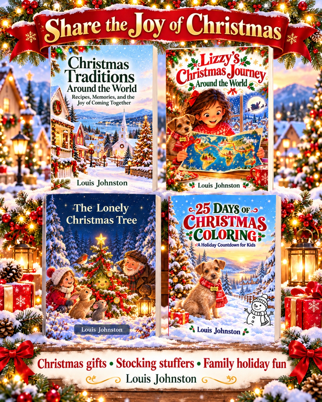 Four Louis Johnston Christmas books: Christmas Traditions Around the World, Lizzy’s Christmas Journey, The Lonely Christmas Tree, and 25 Days of Christmas Coloring