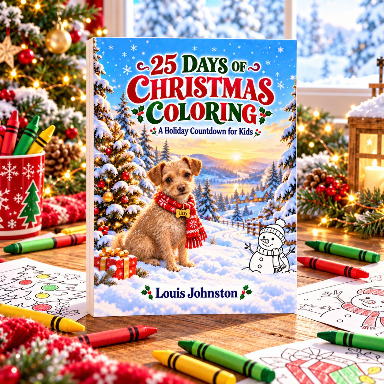 Cover of 25 Days of Christmas Coloring, featuring Lizzy the dog in a snowy Christmas scene