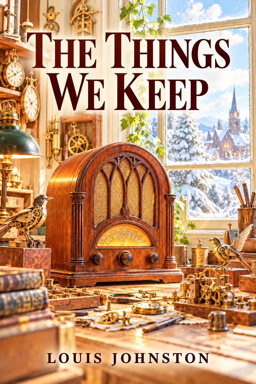 Cover of The Things We Keep, featuring a vintage radio in a bright winter workshop