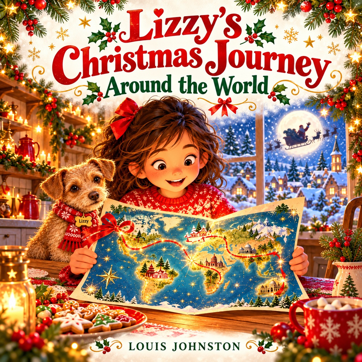 Cover of Lizzy’s Christmas Journey Around the World, with Lizzy and a girl exploring a glowing map