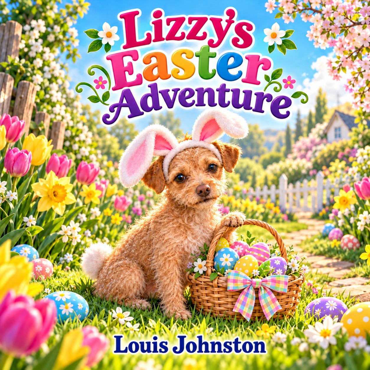 Cover of Lizzy’s Easter Adventure, with Lizzy wearing bunny ears among bright spring flowers