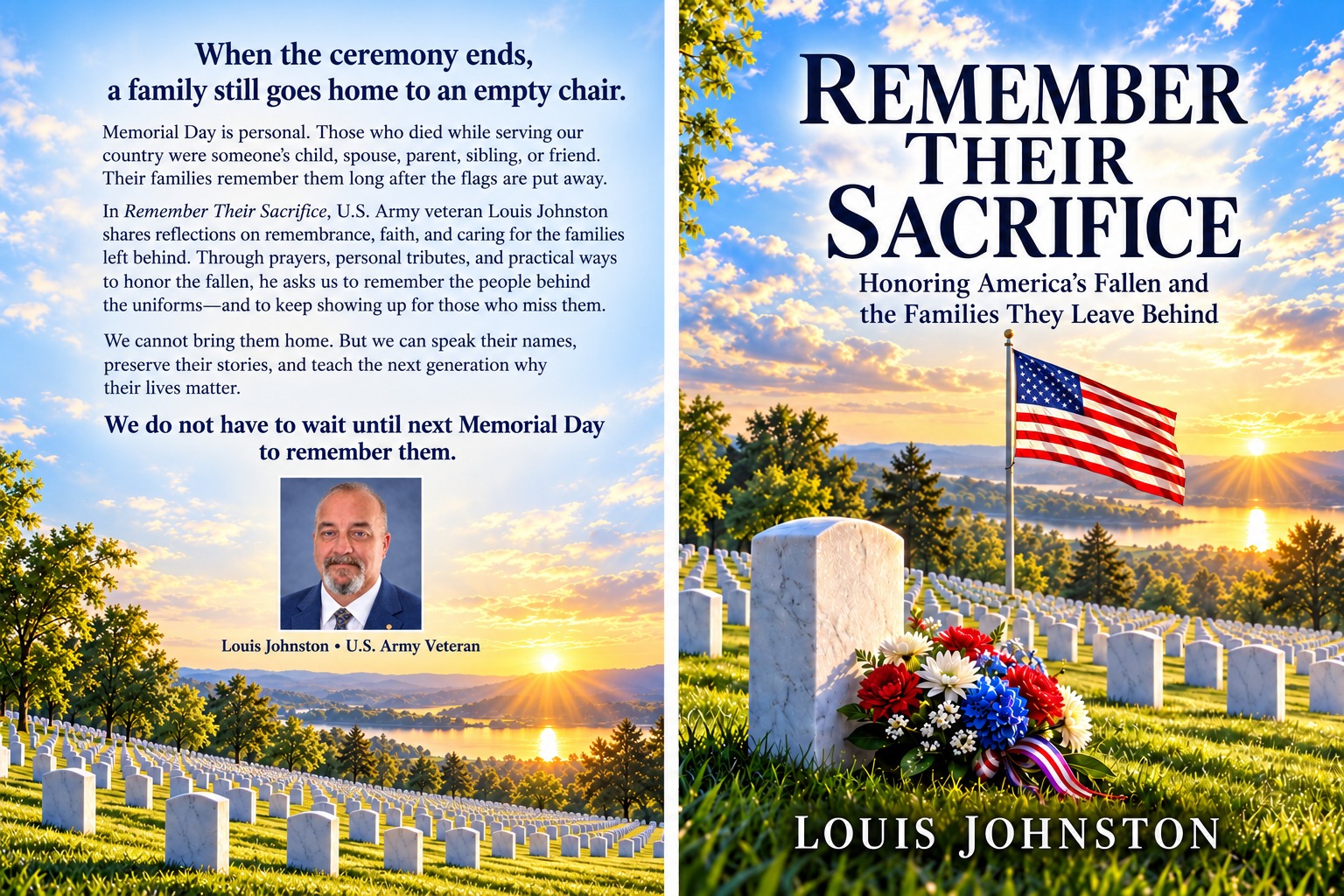Front cover of Remember Their Sacrifice, with an American flag, flowers, and white headstones in the morning sun